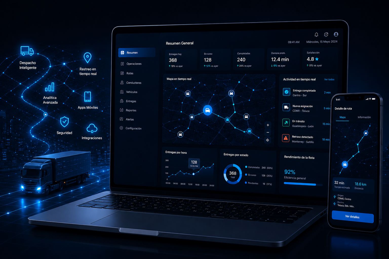 Dashboard tecnológico de TecnoTransportar para gestión de transporte